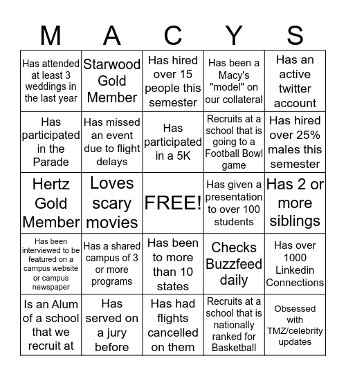 Macy's College Relations Bingo Card