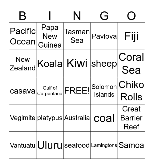 Australia/Oceania Bingo Card