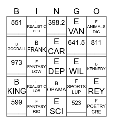 Call Number Bingo Card