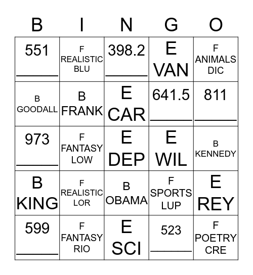 Call Number Bingo Card