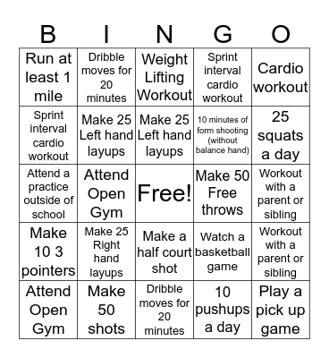Winter Break Workout Bingo Card