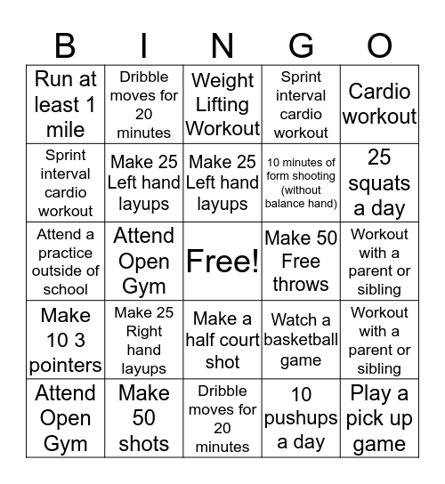Winter Break Workout Bingo Card