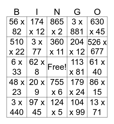 Multiplication Bingo Card