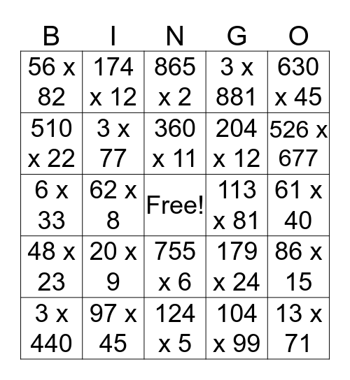 Multiplication Bingo Card