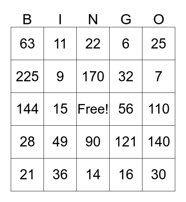 Multiplication Bingo Card