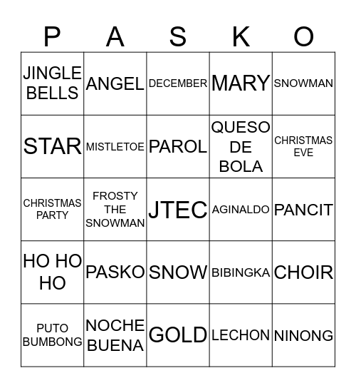 PASKO Bingo Card