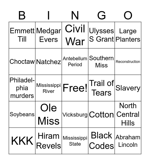 Mississippi Studies Bingo Card