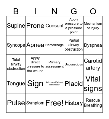 First Aid: Primary Assesssment Bingo Card
