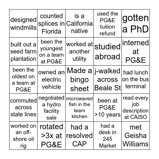 PG&E Bingo Card