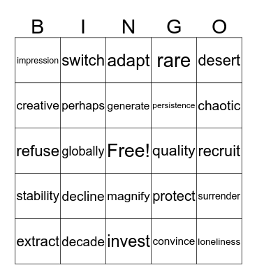 Vocabulary Review Bingo Card