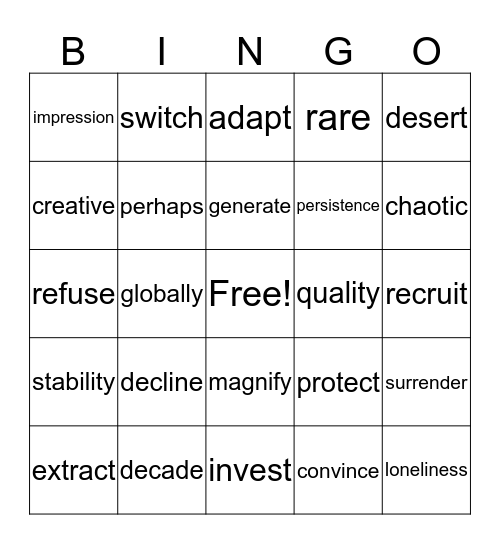 Vocabulary Review Bingo Card