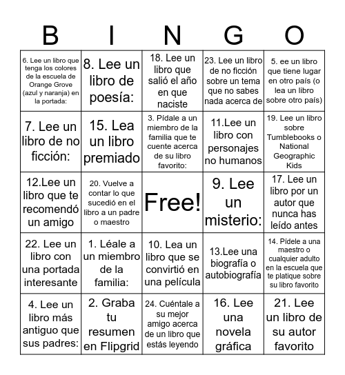 Reading Bingo Card