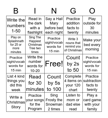 Homework Bingo Card