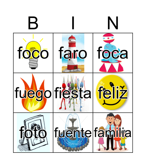 Palabras con F Bingo Card