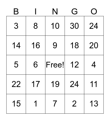 Addition  Bingo Card