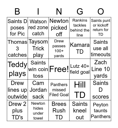 Saints vs Panthers Bingo Card
