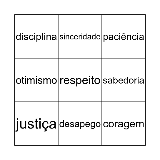 Bingo das Virtudes Bingo Card