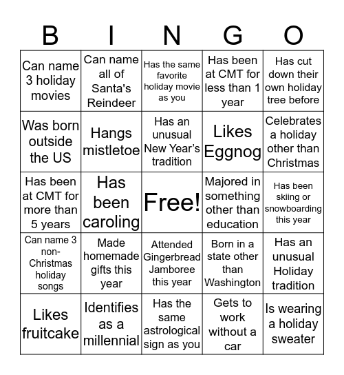 CMT All Staff Holiday Party Bingo Card