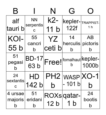 exoplanets Bingo Card