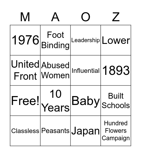 Mao Zedong Bingo Card