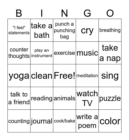 Coping Skills Bingo Card