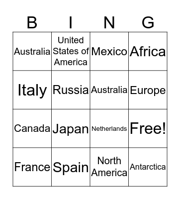 Countries and Continents Bingo Card