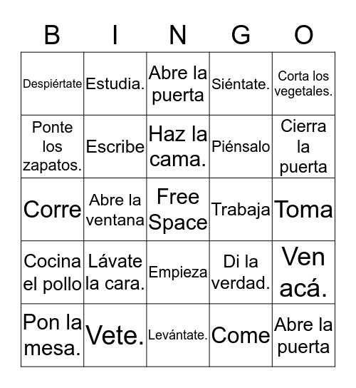 Tú commands Bingo Card