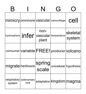 Science Vocabulary Bingo Card