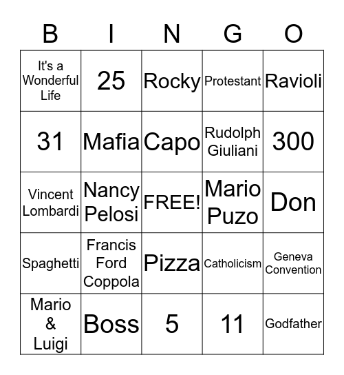 Italian American Bingo Card