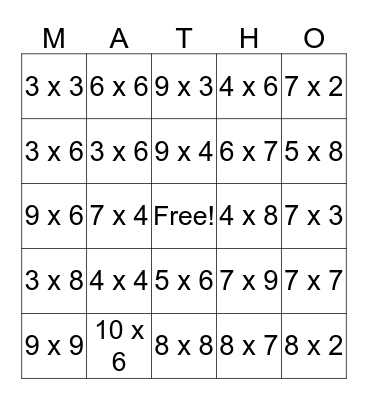 Multiplication Bingo Card