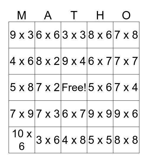 Multiplication Bingo Card