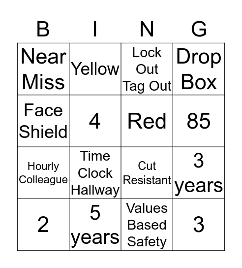 Safety Bingo Card