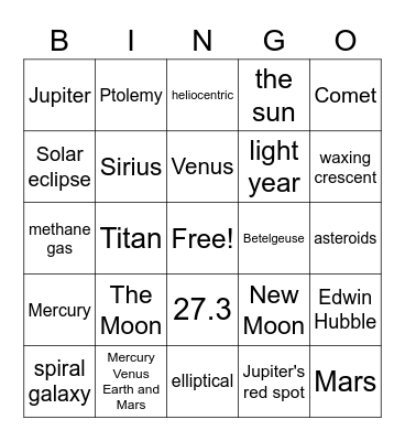 the Universe Bingo Card