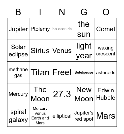 the Universe Bingo Card