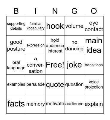 Speech Bingo! Bingo Card