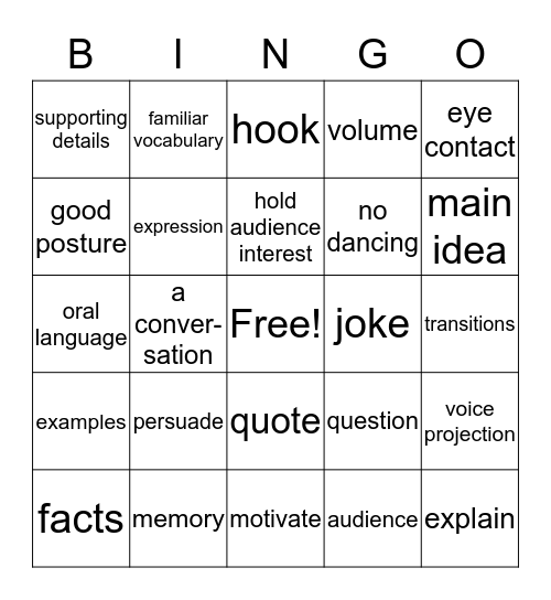Speech Bingo! Bingo Card