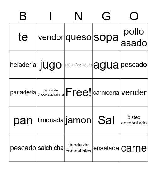 Espanol Comido Bingo Card