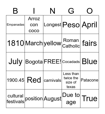 Colombia Bingo Card