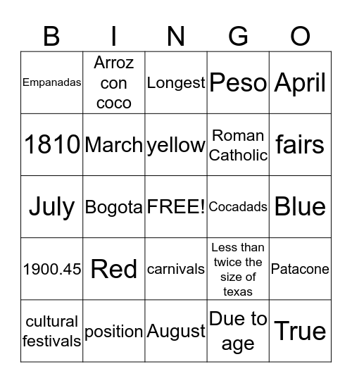 Colombia Bingo Card