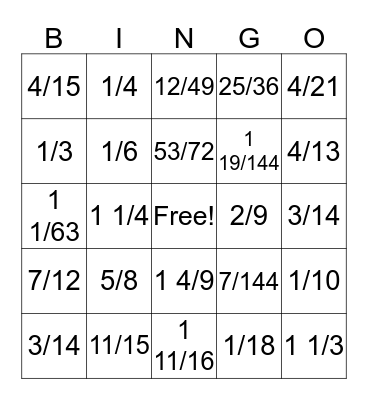 Fraction Operations Bingo Card