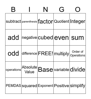 Prealgebra BINGO Card