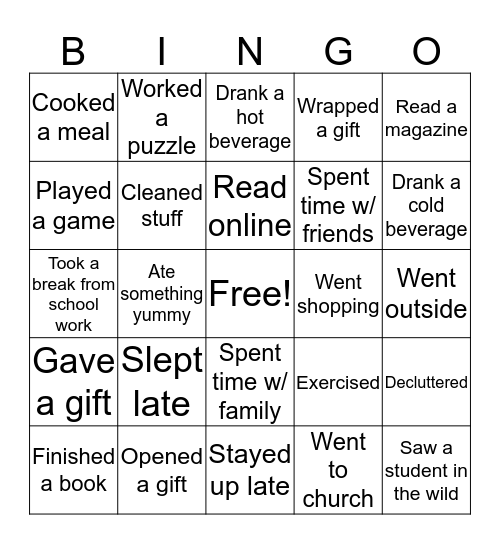 Holiday Break Bingo Card