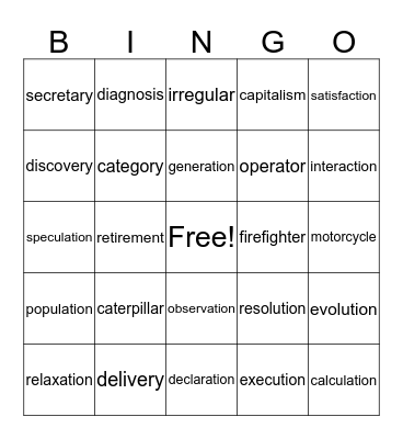 4-Syllable Bingo Card