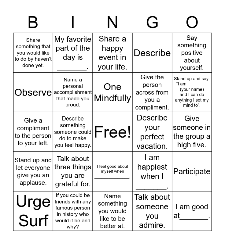 Mindfulness Bingo Card