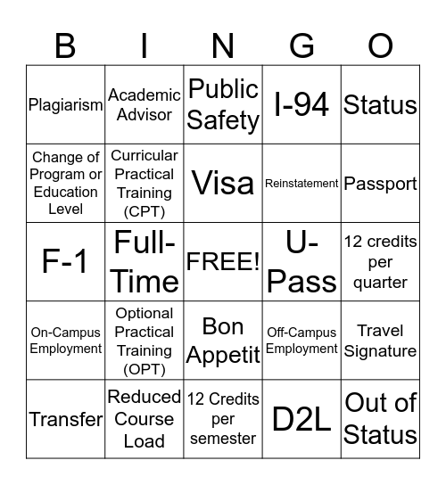 OISS New Student Orientation Bingo Card