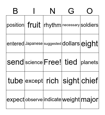 Fry Instant Words Level 9 Column 4 Bingo Card