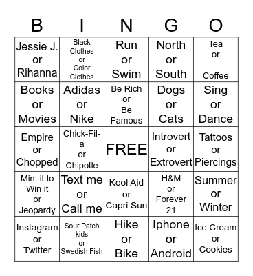 This or That Bingo Card