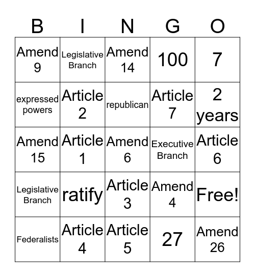 Constitutional Bingo  Bingo Card