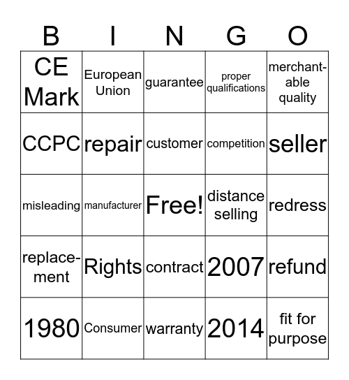 Consumer Rights Key Word Bingo Card