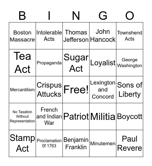 Causes of Revolutionary War Bingo Card